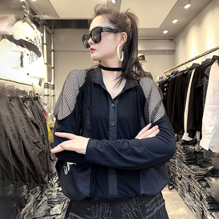 欧美个性重工设计师款2025春秋宽松长袖上衣个性长袖T恤潮流拼接