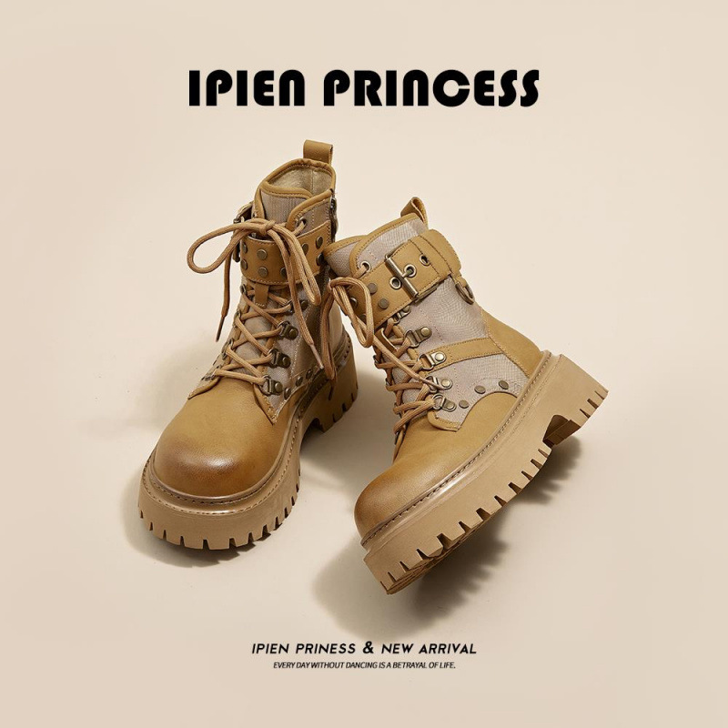 马丁靴女2025年秋季新款英伦风复古柳钉大黄靴厚底机车工装短靴子