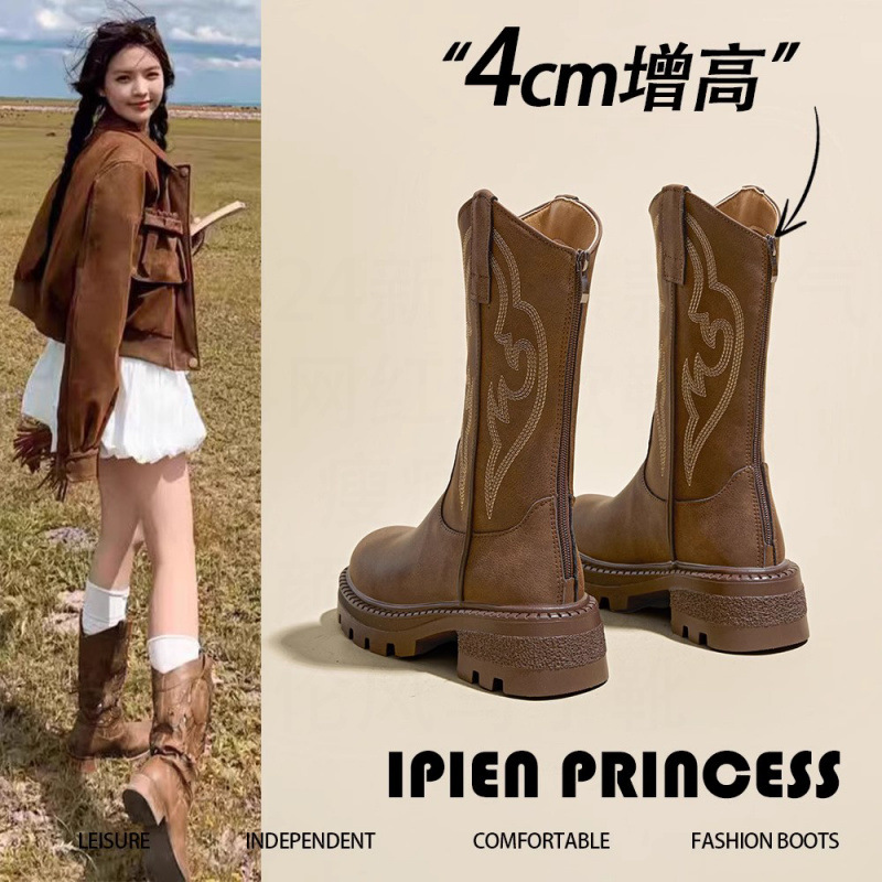 厚底西部牛仔靴女2025夏季新款复古刺绣百搭中筒靴户外沙漠短靴子
