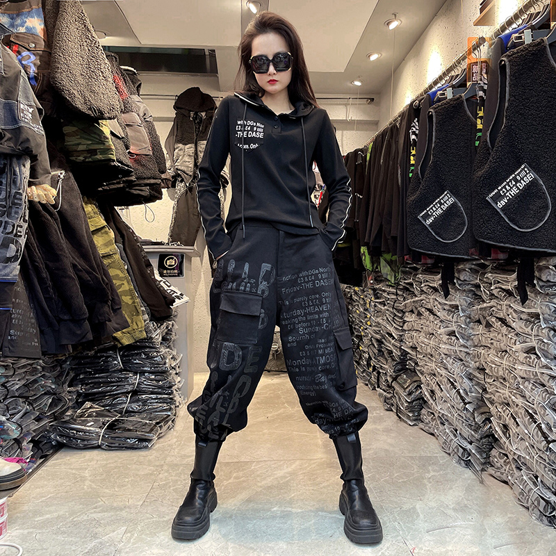 休闲套装女长裤帅气工装裤女裤设计感连帽抽绳打底衫两件套秋款潮