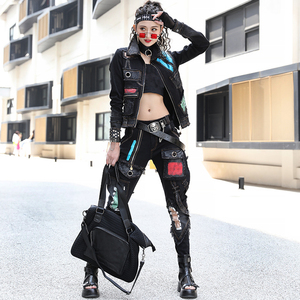 欧货个性烫金牛仔套装女2023秋冬新时髦暗黑系女装哈伦裤两件套潮