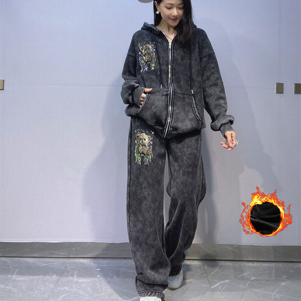 前后烫钻连帽拉链开衫套装女冬季运动休闲加绒加厚扎染卫衣两件套