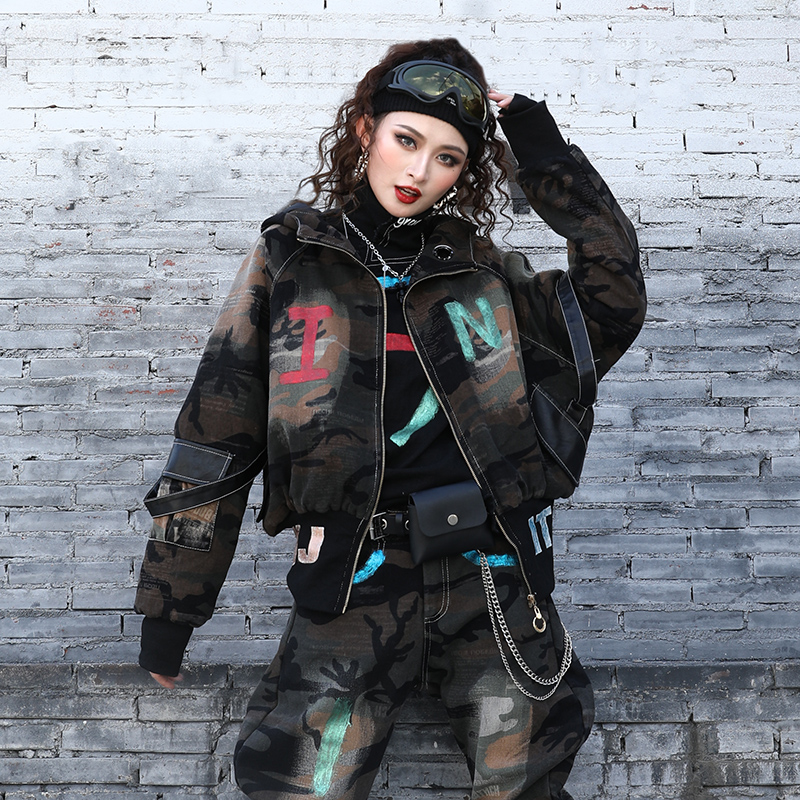 国潮迷彩加棉牛仔外套棉服女显瘦2025秋冬个性长袖上衣厚款街头潮