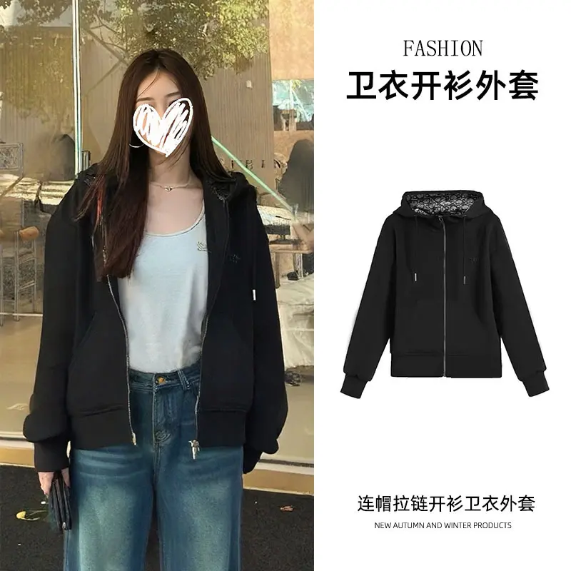黑色连帽卫衣女春秋季新款时尚小个子短款休闲上衣服拉链开衫外套