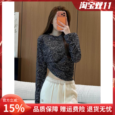 Anne Rose酷感印花打底衫女小众做旧灰豹纹弹力显瘦圆领长袖t恤