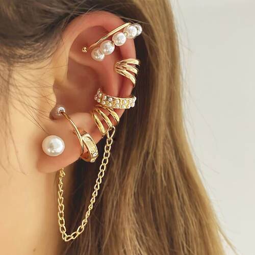 Pearl Chain Earring Set珍珠流苏链条耳夹套装女朋克风耳环饰品