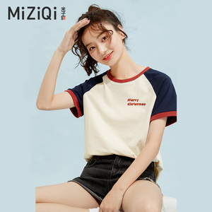 米子旗2023新款撞色纯棉短袖t恤女夏季插肩半袖体恤女士上衣潮ins