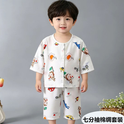宝宝七分袖绵绸套装薄款空调服