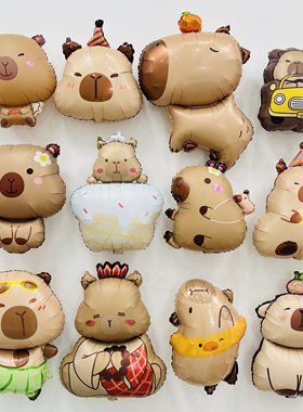 新款卡皮巴拉气球铝膜哑光  可爱花朵水豚卡皮巴拉头箍手持棒气球