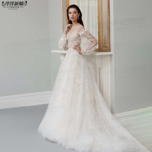新娘结婚蕾丝轻纱主婚纱2023新款 圆领显瘦迎宾礼服小拖尾简约仙裙