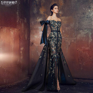 显瘦一字肩结婚敬酒服2023新款 鱼尾裙名媛聚会生日宴年会演出礼服