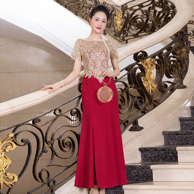 多丽琦喜婆婆高贵连衣裙长款红色婚礼年轻款显瘦礼服女夏季