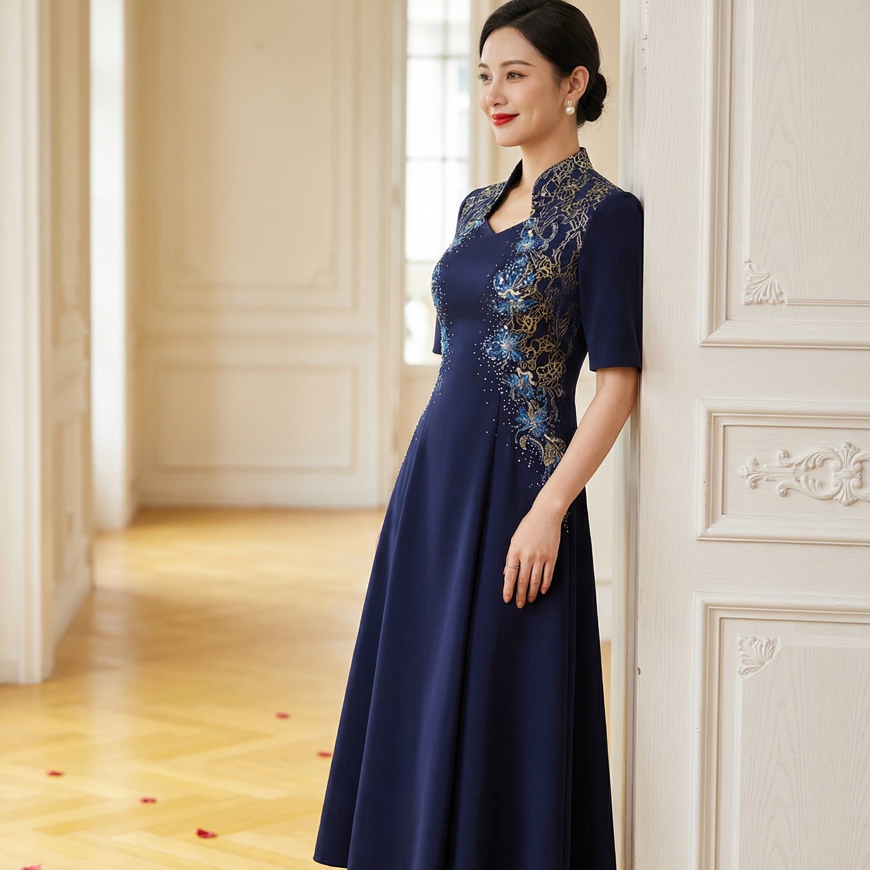 多丽琦新款宴会气质礼服女中式优雅绣花短袖连衣裙小个子平时可穿