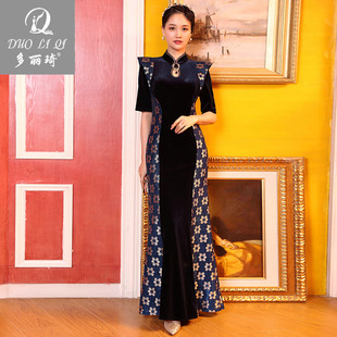 多丽琦2025年高贵名媛气质礼服女晚装 拼接丝绒旗袍改良连衣裙 长款