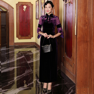 显瘦连衣裙春夏长款 修身 丝绒改良旗袍中年妈妈装 多丽琦2025年新款