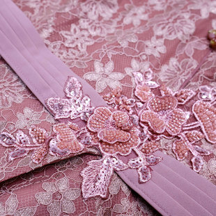 气质粉色蕾丝旗袍女长袖收腰显瘦婚宴装高贵妈妈礼服连衣裙