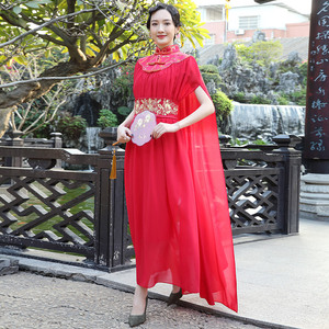 多丽琦复古中国风旗袍外搭舞台演出走秀服披风长款披肩女夏季薄款