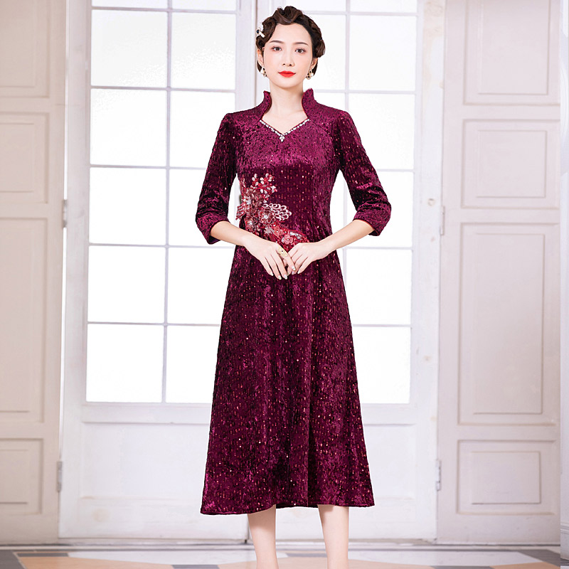 优雅妈妈装结婚宴礼服连衣裙长款