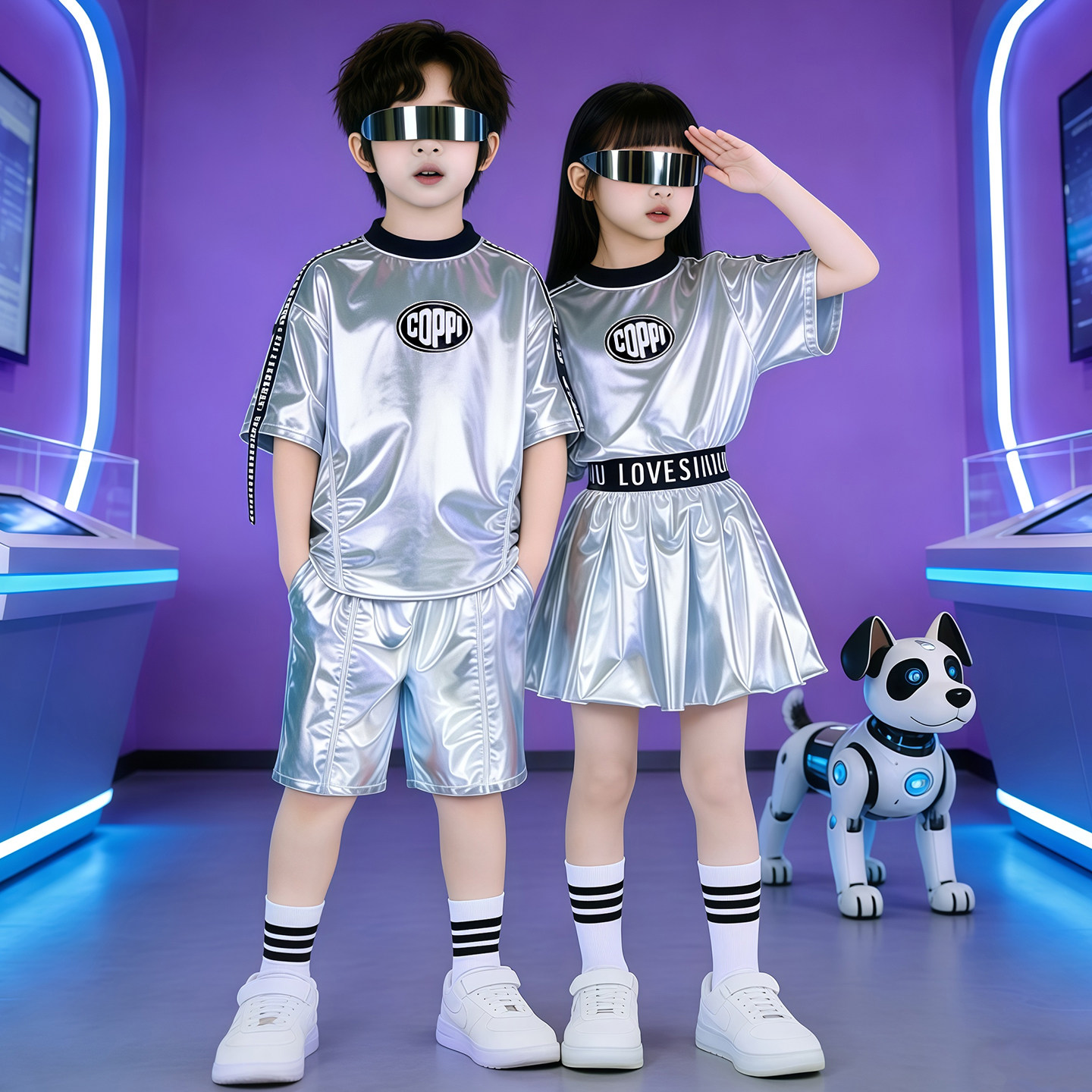 科技感儿童服装爵士舞幼儿园ai中小学啦啦队舞蹈银色机器人演出服图片