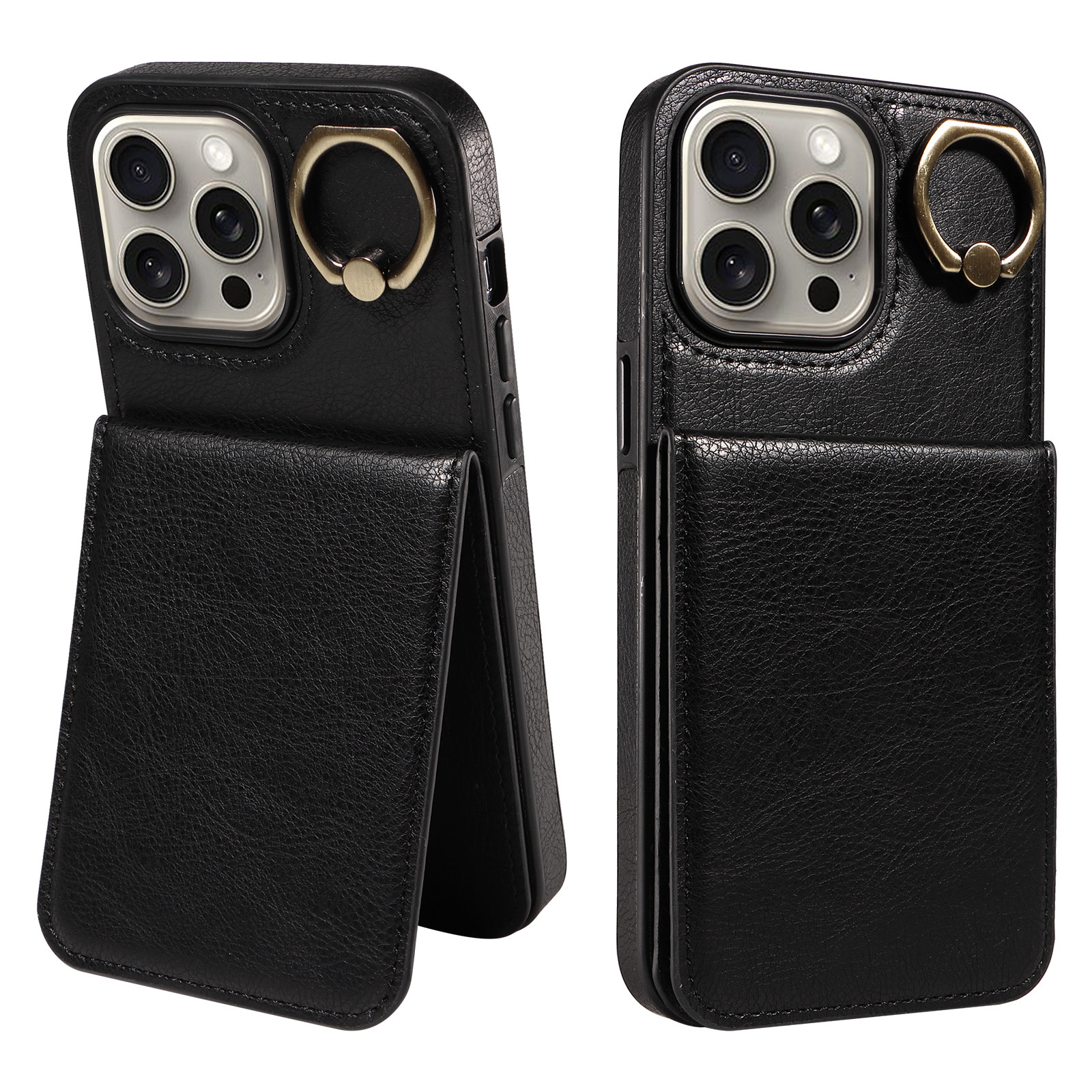 适用苹果15手机壳插卡可支架iphone13Pro max零钱卡包14plus荔枝纹上下开指环扣12手机壳