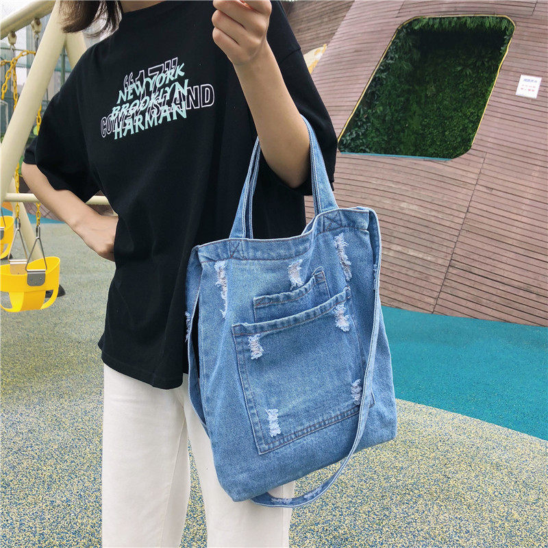 ins韩版牛仔包文艺休闲学生上课书包百搭手提大容量单肩帆布包女
