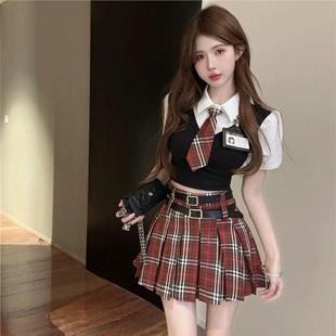 裙子 美式 甜辣妹学院风套装 女夏季 jk制服假两件上衣半身裙两件套装