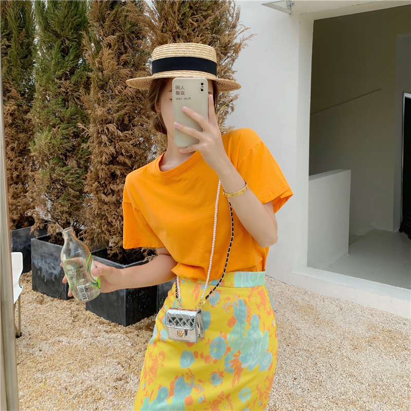 Real price real auction 2021 beach skirt seaside sweet solid color T-shirt + printed skirt women's two-piece set