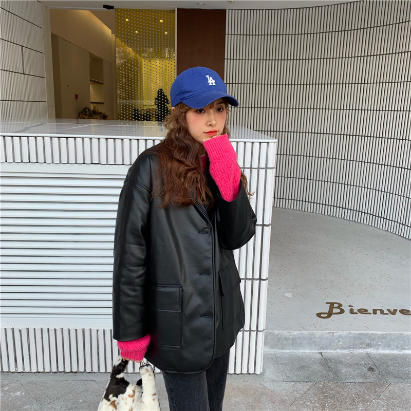 Real price real shot loose and thin cool black Lapel leather coat