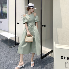 French new style close waist show thin air bubble sleeve off shoulder hanging neck mid length off back dress