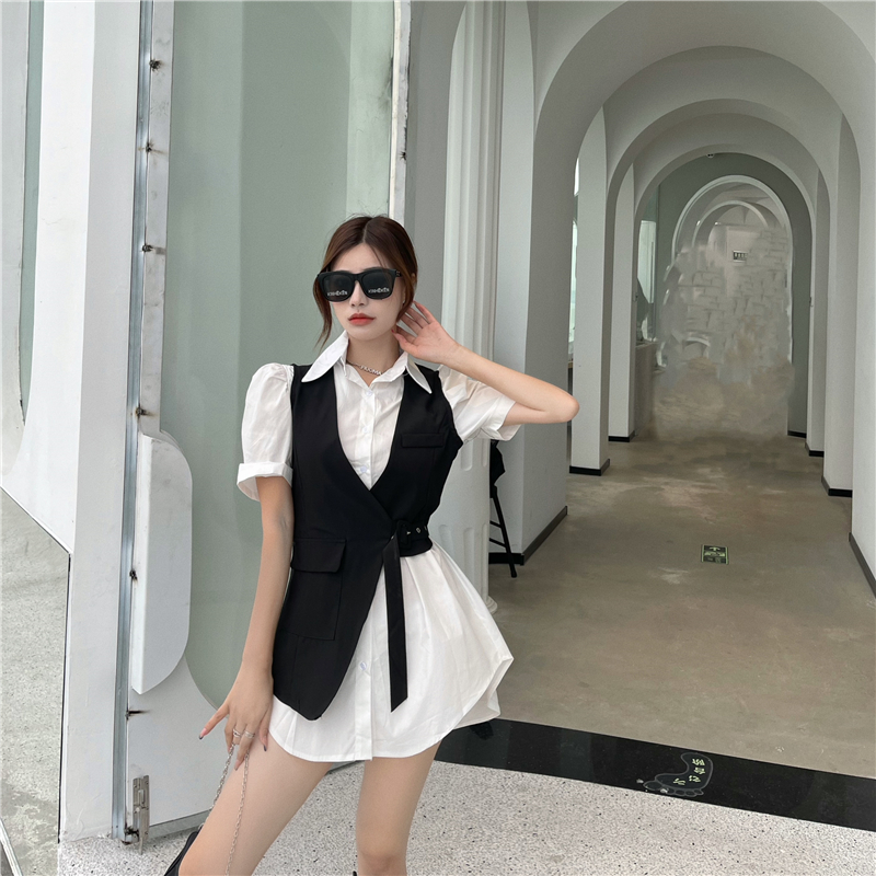 Real price real shot Korean design sense fashionable temperament bubble sleeve shirt skirt + irregular strap vest two piece set