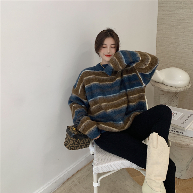 Real price real shot Korean loose casual versatile color contrast stripe thickened Pullover