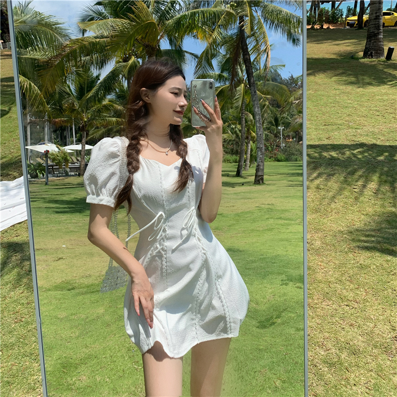 French V-neck new drawstring waist dress for spring and summer