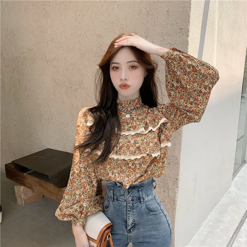 Real price real shot New Retro loose versatile temperament light ripe design stand collar broken flowers and trees ear shirt