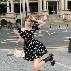 Real price real shot Korean version mid long design feeling bow neck short sleeve slim dress