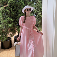 French Lantern Sleeve short sleeve close waist A-line design Ruffle Dress