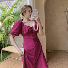 Real price new court style French retro foam sleeve square collar mid length split slim dress