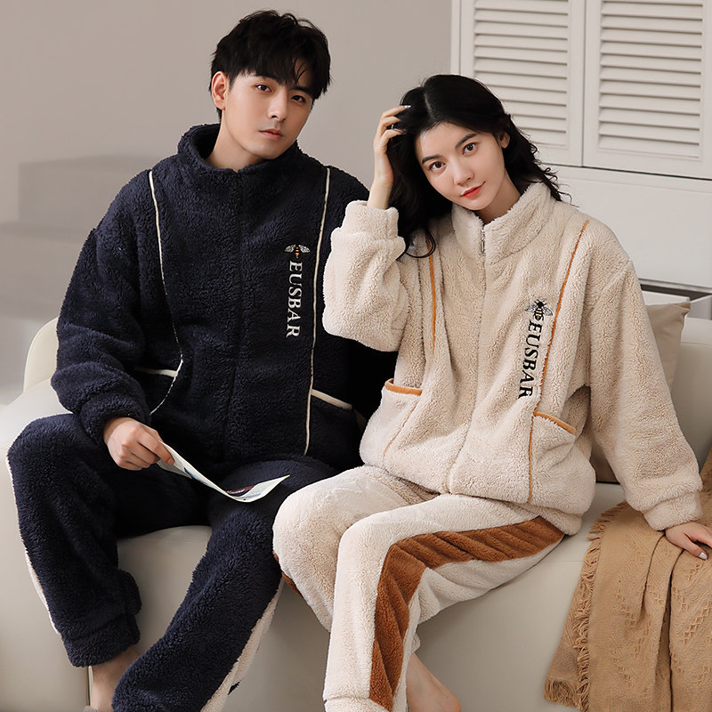 丝萝春秋秋冬睡衣情侣款北极绒套装加厚大码开衫保暖家居服