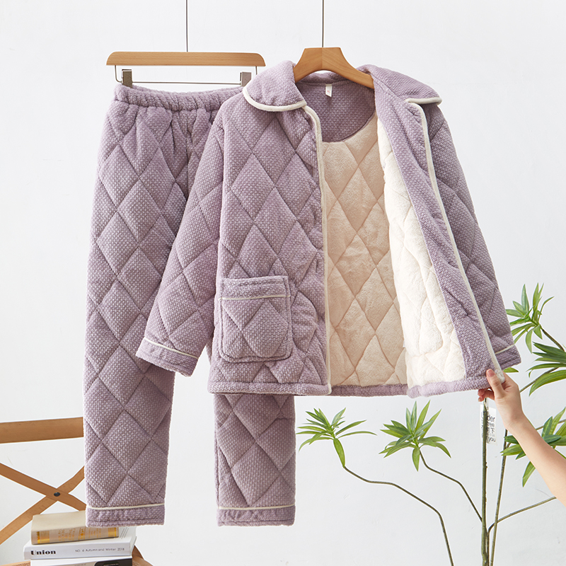 秋冬季女款2025新款加绒加厚珊瑚绒三层夹棉冬款妈妈睡衣女家居服