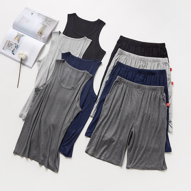 莫代尔睡衣男夏薄款背心短裤两件套男士夏季休闲夏天可外穿家居服