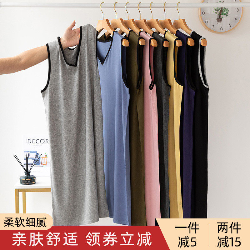 夏季男士莫代尔睡袍无袖睡衣夏薄款冰丝浴衣浴袍中长款背心男睡裙