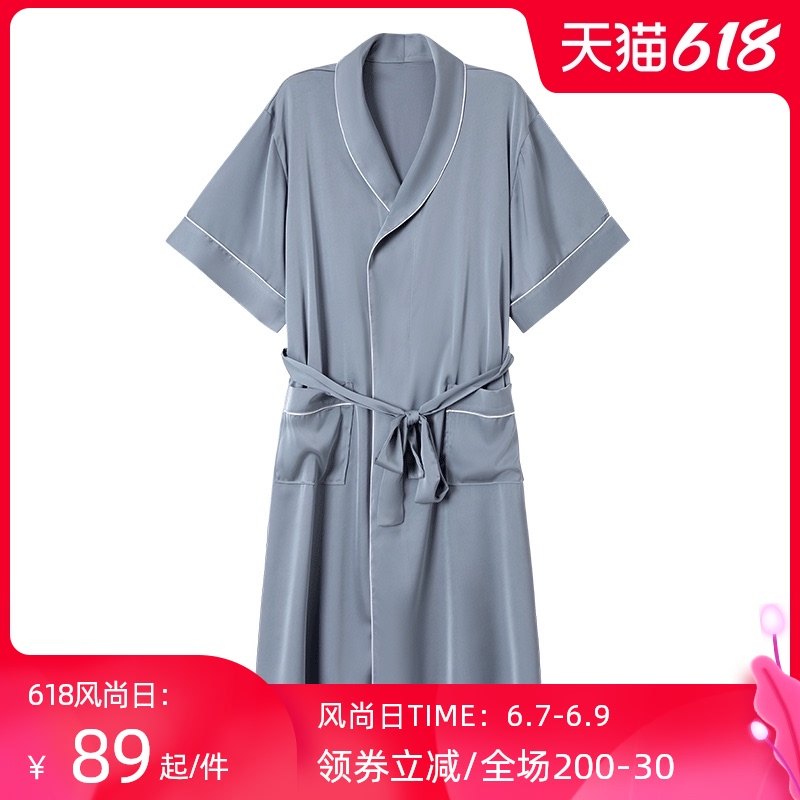 3夏季男士仿真丝绸短袖加长款浴袍长袍睡衣一体式薄款冰丝睡袍浴衣