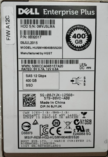 DELL 08JYJK 8JYJK HUSMH8040BSS200 400G 2.5 SSD 12Gb 固态硬盘