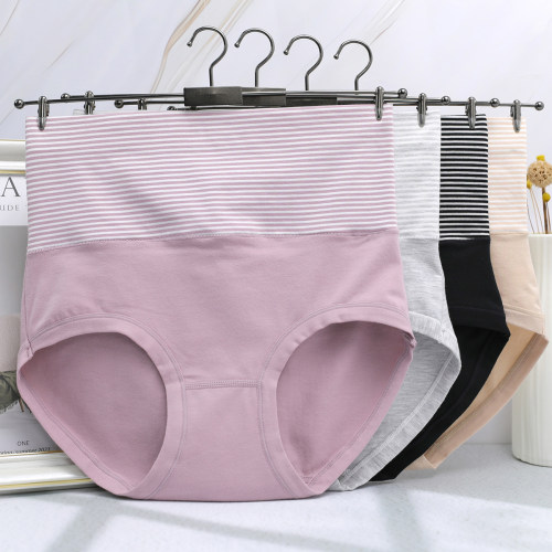 105-130斤女士纯棉高腰条纹收腹内裤柔软舒适裤头棉质三角裤
