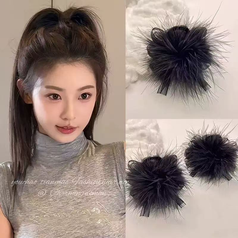 黑色羽毛抓夹高马尾固定蝴蝶结发夹女后脑勺2025新款鲨鱼夹
