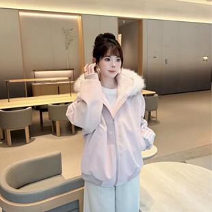 多巴胺仿兔毛毛领连帽棉衣女款冬季pu皮加绒加厚夹克情侣派克服