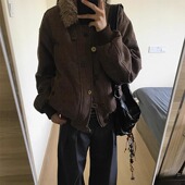 仿羊羔毛翻领厚外套女冬季 加绒加厚高级感座山雕毛领保暖冬装 外套