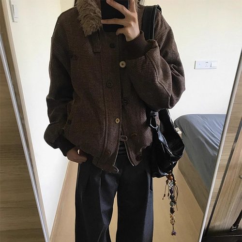 仿羊羔毛翻领厚外套女冬季加绒