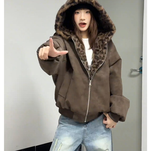 美拉德豹纹双面穿棉服男女冬季