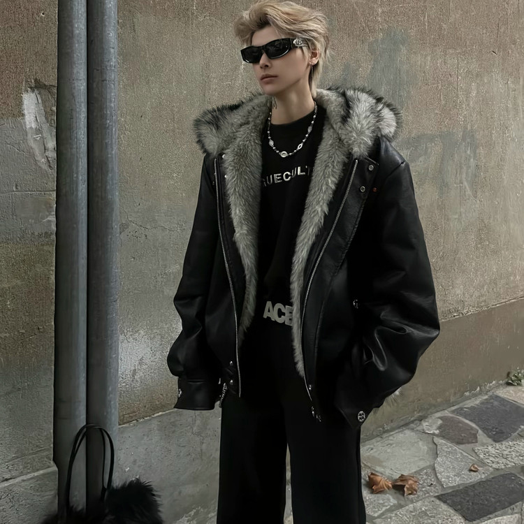 美式黑色连帽座山雕皮衣外套棉服男女冬季加厚高级感保暖棉衣夹克