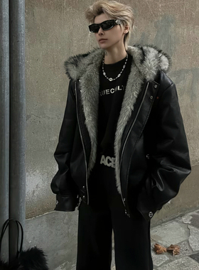 美式黑色连帽座山雕皮衣外套棉服男女冬季加厚高级感保暖棉衣夹克